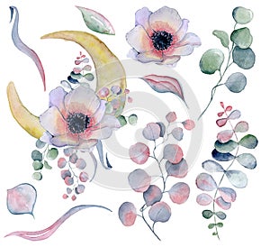 Flowers bouquet and moon phases watercolor illustration