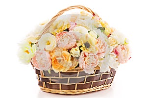 Flowers bouquet peony in basket, isolated white backgound
