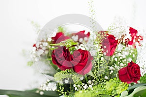 Flowers bouquet red roses on white background thank you and love card