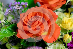 Flowers bouquet roses orange and yellow roses closeup macro