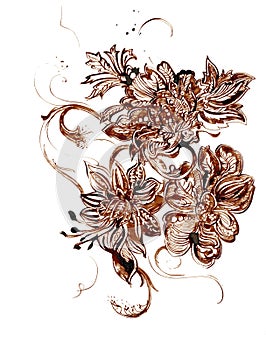 Flowers, bouquet. Stylistic silhouettes of flowers . Fine lines of brown color, print on a t-shirt.