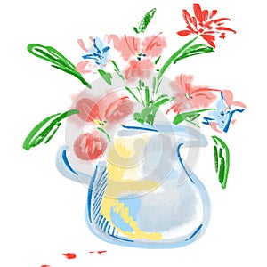 Flowers bouquet in a vase. Blue jug with meadow flowers