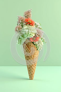 Flowers bouquet in waffle cone on green background. Vegan ice cream concept.