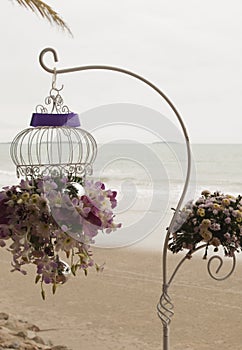 Flowers bouquets on a beach during a traditional Thai wedding