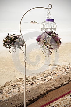 Flowers bouquets on a beach during a traditional Thai wedding