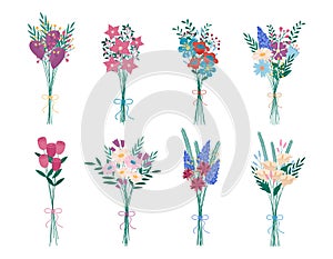 Flowers bouquets vector set. Collection of fresh floral compositions isolated. Blooming meadow and abstract flowers