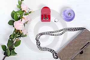 Flowers box with earrings ring parfume handbag