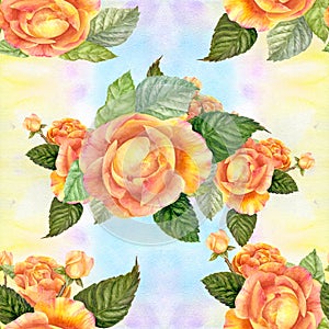 Flowers A branch of roses with leaves, flowers and buds. Watercolor. Seamless background. Collage of flowers and leaves on a water