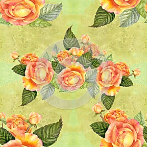 Flowers A branch of roses with leaves, flowers and buds. Watercolor. Seamless background. Collage of flowers and leaves on a water