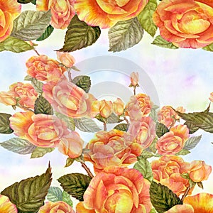 Flowers A branch of roses with leaves, flowers and buds. Watercolor. Seamless background. Collage of flowers and leaves on a water