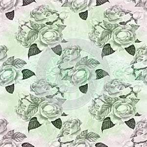 Flowers A branch of roses with leaves, flowers and buds. Watercolor. Seamless background. Collage of flowers and leaves on a water
