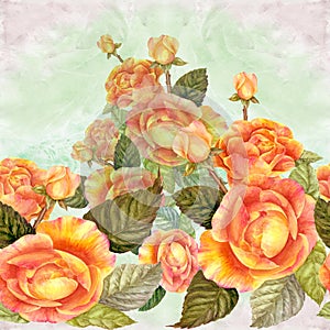 Flowers A branch of roses with leaves, flowers and buds. Watercolor. Seamless background. Collage of flowers and leaves on a water