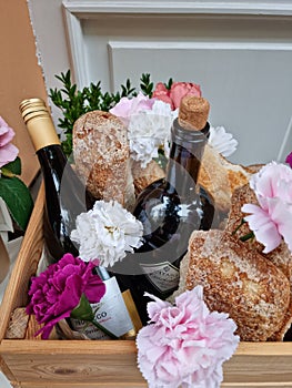 Flowers bread and redwine