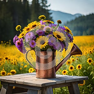 Flowers in bronze watering can on wooden table in a field of sunflowers