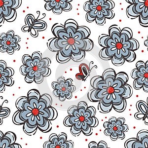 Flowers and butterflies blue red gray