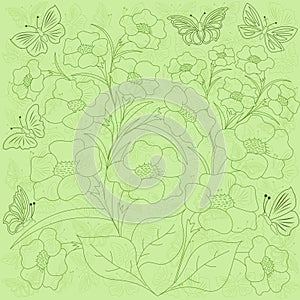 Flowers and butterflies green background