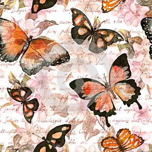 Flowers, butterflies, hand written text note. Watercolor. Seamless pattern