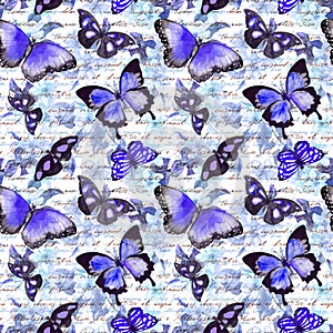 Flowers, butterflies, hand written text note. Watercolor. Seamless wallpaper