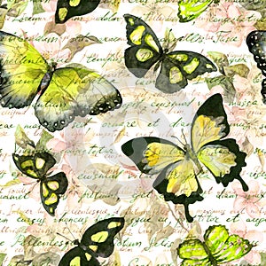 Flowers, butterflies, hand written text note. Watercolor. Vintage seamless pattern