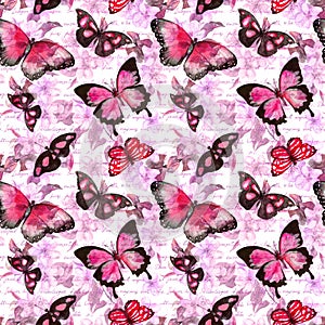 Flowers, butterflies, handwritten text letters. Watercolor. Seamless pattern photo