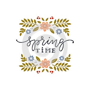 Flowers, butterflies and lettering. Hello spring greeting card