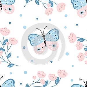 cartoon seamless pattern with butterflies, vector illustration