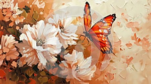 Flowers and butterfly. Oil painting. Beautiful peony and a fluttering butterfly. Orange tones and large brush strokes