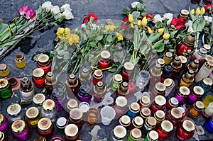 Flowers and candles in honor of those killed in the Maidan in Kiev