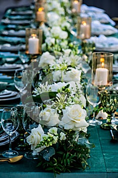 Flowers. Candles. Wedding decoration. Floral arrangements