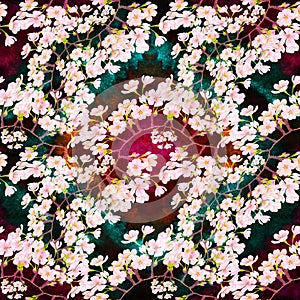 Flowers of cherry tree. Seamless pattern. Abstract wallpaper with floral motifs. Wallpaper.