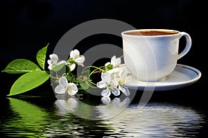 Flowers of a cherry and white cup of black coffee