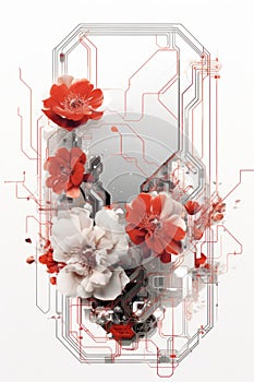 flowers on a circuit board with red and white flowers