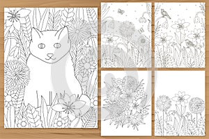 Flowers coloring pages. Cat coloring.  Floral coloring. Adult coloring set