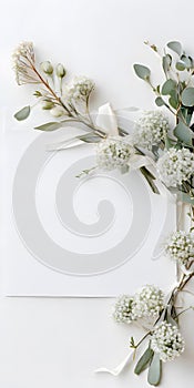 Flowers composition. Eucalyptus branches, eucalyptus leaves on white background