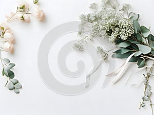 Flowers composition. Eucalyptus branches, eucalyptus leaves on white background