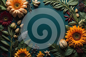 Flowers composition. Flat lay, top view, copy space. Floral background. generative ai