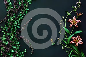 Flowers composition. Frame made of flowers on black background. Flat lay, top view, copy space photo