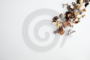 Flowers composition. Frame made of dried rose flowers on white background