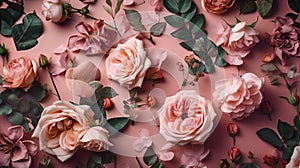 Flowers composition. Frame made of flowers. Pink roses, eucalyptus leaves on pink background. Flat lay, top view, copy space.