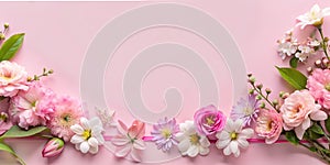 Flowers composition. Frame made of pink and white flowers on pastel pink background. Flat lay, top view, copy space. AI generated