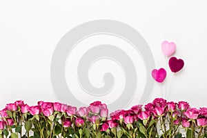 Flowers composition. Frame made of red rose on white wooden background. Flat lay, top view, copy space