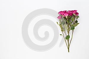 Flowers composition. Frame made of red rose on white wooden background. Flat lay, top view, copy space