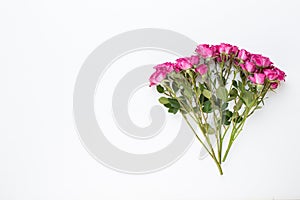 Flowers composition. Frame made of red rose on white wooden background. Flat lay, top view, copy space