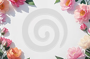 Flowers composition. Frame made of rose flowers on white background. Flat lay, top view, copy space. AI generated