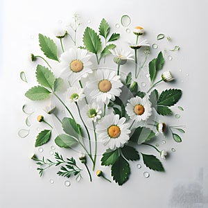 Flowers composition. Frame made of white daisies and green leaves on white background.