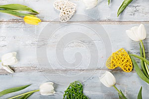 Flowers composition. Frame made of white flowers on blue background