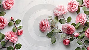 Flowers composition. Pink rose flowers on white marble background. Flat lay, top view, copy space. AI Generated
