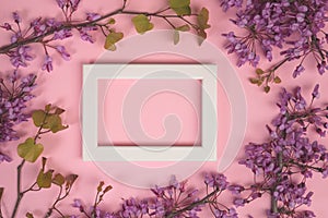 Flowers composition. Purple flowers, leaves and photo frame on pastel pink background