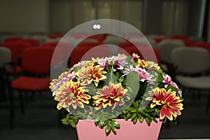 Flowers composition on table in empty conference room, office