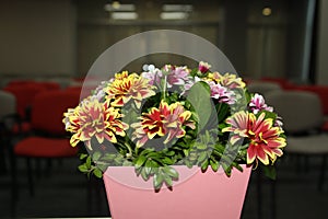 Flowers composition on table in empty conference room, office